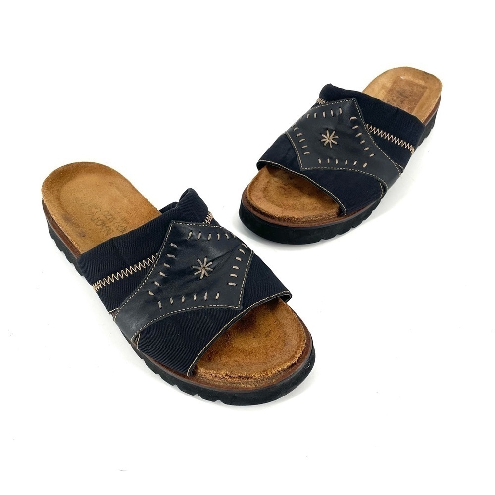 NAOT Two Tone Black Contrast Stitch Lugged Sole Leather Slide Sandals